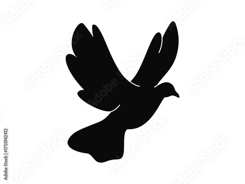 black flying dove silhouette on white background. Isolated icon of pigeon with raised up and opened wings for desings. vector illustration