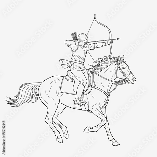 Archer on horseback aiming bow and arrow during a hunt.