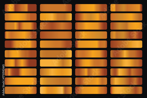 Metalic gradient collection with shiny gold hologram. Holographic foil texture, gold rose, brown and golden gradation. Vector set for frame, ribbon, border, other design.