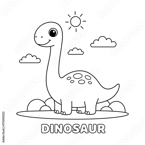 Cute dinosaur illustration with clouds and sun in background  