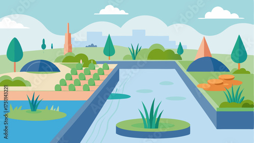 Illustrations of water features such as rain gardens and artificial wetlands designed to filter stormwater and enhance urban biodiversity.