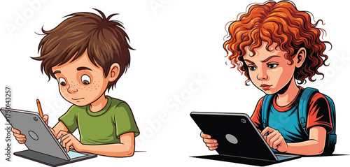 Children using tablets cartoon illustration, creative learning and emotional focus concept artwork for lifestyle, education, and symbolic design