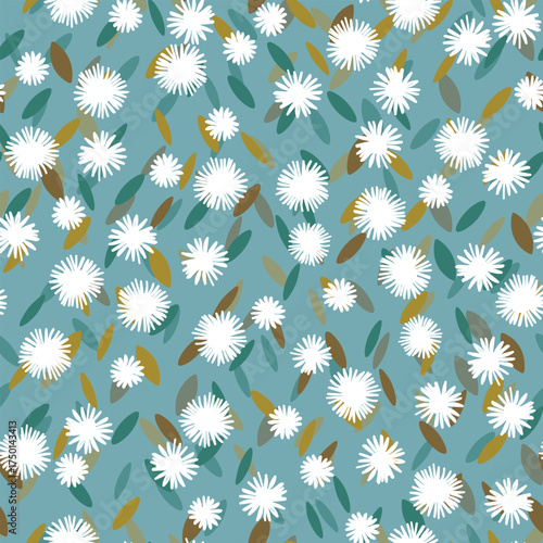 Seamless floral pattern based on traditional folk art ornaments. Colorful chamomile, daisy flowers on color background. Scandinavian style. Vector illustration. Simple minimalistic pattern.