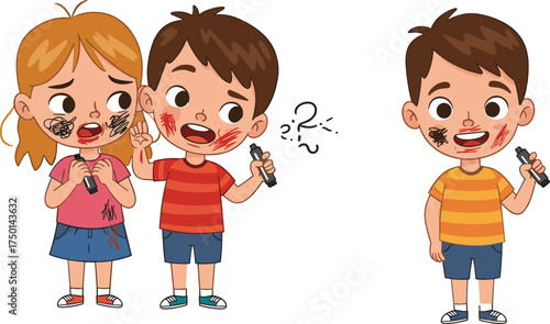 Children with marker scribbles cartoon illustration, playful mischief and emotional reaction concept artwork for lifestyle, childhood, and humor design