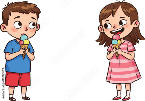Children with ice cream cones cartoon illustration, joyful summer treat and emotional connection concept artwork for lifestyle, childhood, and play design