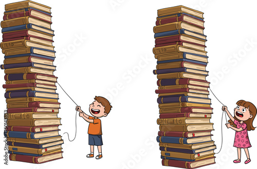 Children with towering book stacks cartoon illustration, learning challenge and emotional engagement concept artwork for lifestyle, education, and symbolic design