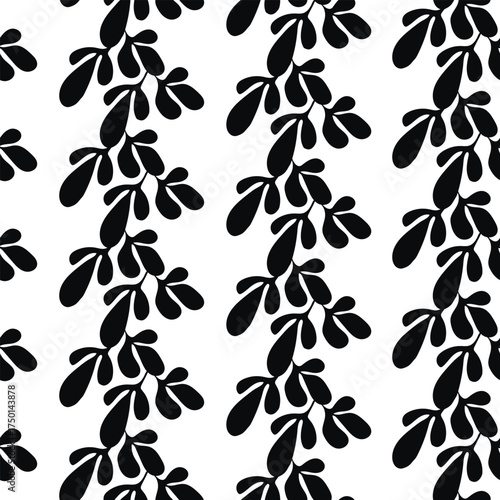 Seamless floral pattern based on traditional folk art ornaments. Black leaves on white background. Scandinavian style. Sweden nordic style. Monochrome vector illustration for textile, wallpaper.