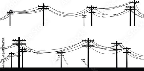Utility pole rows with power lines silhouette illustration, urban infrastructure and perspective concept artwork for lifestyle, engineering, and connectivity design