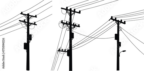 Utility poles with transformers and streetlight silhouette illustration, urban energy infrastructure and connectivity concept artwork for lifestyle, engineering, and environment design