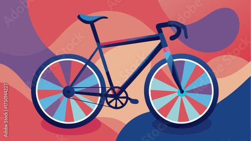 A highperformance racing bicycle made from lightweight carbon fiber positioned against an artistic backdrop of abstract shapes and colors.