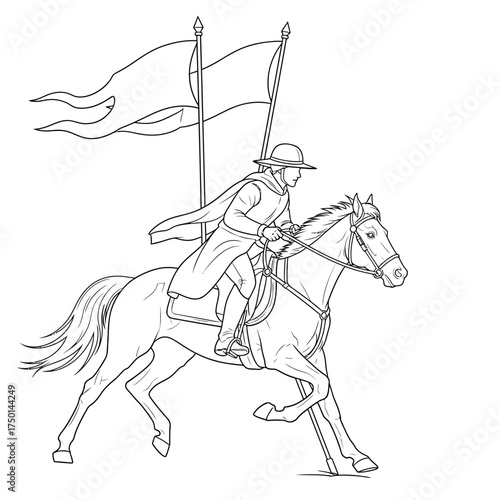 Medieval Knight on Horseback with Banners in Black and White.