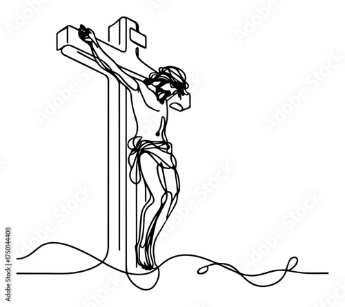 Continuous‑line Jesus Christ crucified on stylised block cross — minimalist modern religious drawing