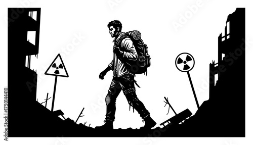 Post‑apocalyptic survivor with backpack walking through nuclear wasteland — dramatic graphic novel style