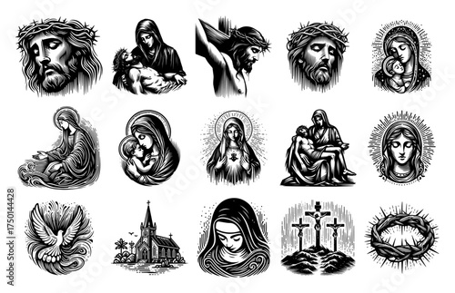 Vintage engraved Christian icons set — Jesus, Mary, dove, church, crosses & symbols collection