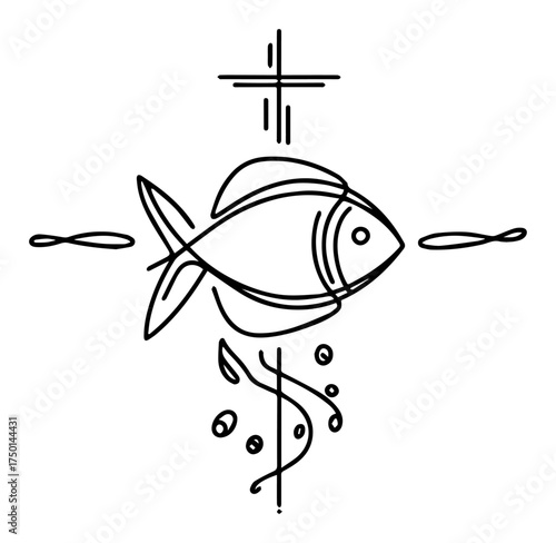 Ichthys fish with cross continuous line logo — minimalist Christian faith symbol with bubbles