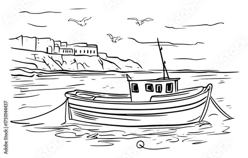 Fishing boat floating near coastal cliffs — hand‑drawn maritime landscape sketch