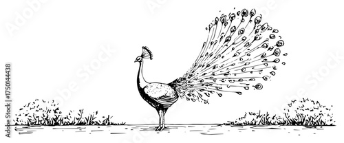 Hand‑drawn peacock standing on grass with elegant fanned tail feathers — vintage bird illustration