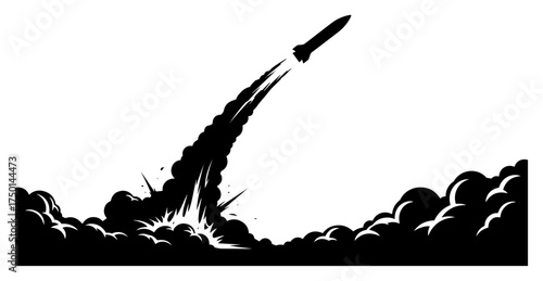 Rocket blasting off through smoke cloud — dramatic launch silhouette vector graphic