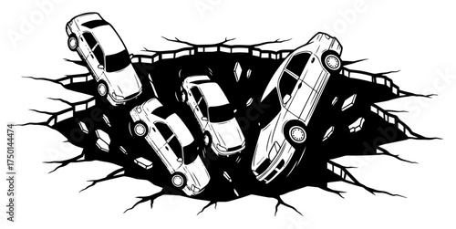 Sinkhole swallowing multiple cars — cracked road disaster engraving style illustration