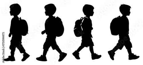 Side‑view schoolboy walking sequence — progressive silhouette animation frames vector