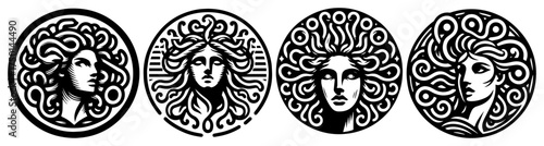Mythic Gorgon Medusa round emblem collection — stylised serpentine female heads vintage set