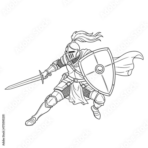 Medieval Knight in Full Armor Holding Sword and Shield Ready for Battle.