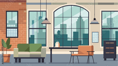 An urban loftstyle apartment with exposed brick walls large windows and minimalist furniture overlooking a bustling street.