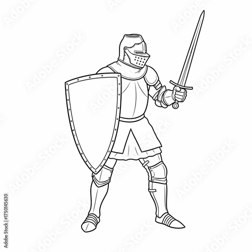 Outline illustration of a medieval knight in full armor.