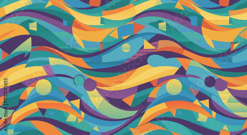 Abstract geometric pattern with wavy lines and circles in vibrant shades of blue, purple, and orange, creating a dynamic and visually engaging artistic background