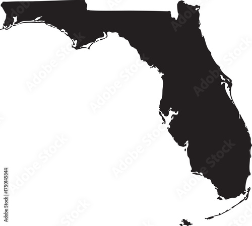 Florida state outline map, solid black silhouette, vector illustration for travel, tourism, geography, and regional branding projects.