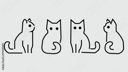Four cute cartoon cats posed in various sitting positions simple line art style Minimal cat drawing