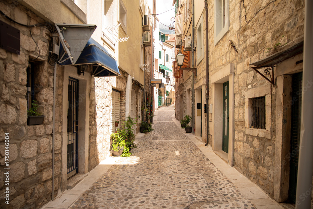 Fototapeta premium Charming cobblestone alley in a historic village during daylight hours