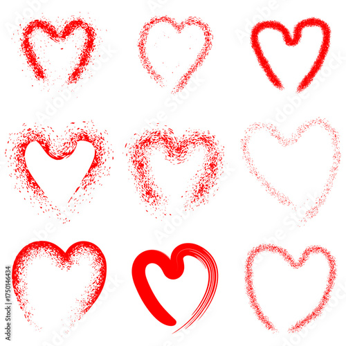 A collection of nine red heart illustrations with a spray paint effect on a white background.