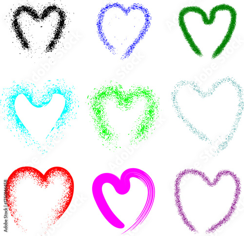 A collection of nine colorful, abstract heart shapes created with a spray paint or glitter effect.