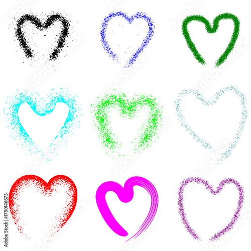 A collection of nine colorful, abstract heart shapes created with a spray paint effect.