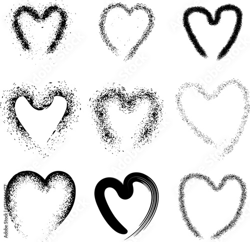 Set of nine hand-drawn heart shapes with grunge, spray paint, and brush stroke textures.