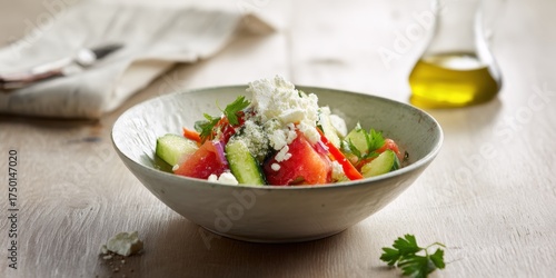 bulgarian shopska salad with sirene cheese in ceramic bowl