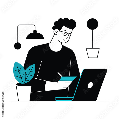 Elegant Line Illustration of a Designer at Workspace