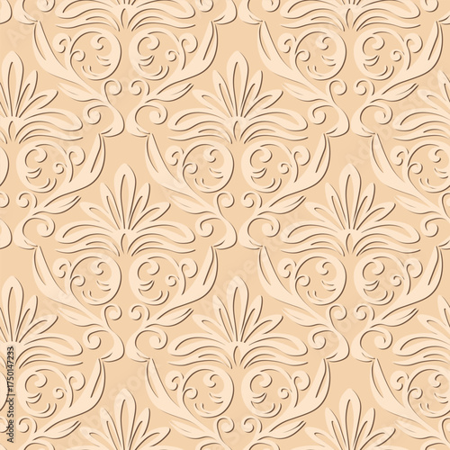 Seamless vintage pattern with curls. Wallpaper in the style of Baroque. Floral ornament. Ethnic tribal background. Vector illustration, template design for cloth, packaging, card, fabric.