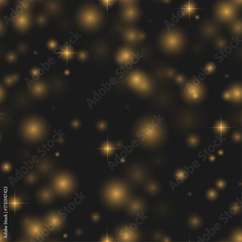Glowing elements, blurred light. Bokeh lights, festive background. Seamless pattern, New Year's mood, Christmas. Gold on black.
