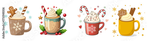 Festive Winter Mug Vector Set with Whipped Cream and Holiday Toppings — Cozy Christmas Drink Illustration Collection