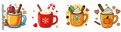 Cozy Seasonal Mug Vector Set with Whipped Cream and Holiday Toppings — Autumn and Winter Drink Illustration Collection