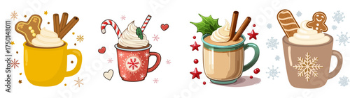 Festive Winter Mug Vector Set with Whipped Cream and Holiday Toppings — Cozy Christmas Drink Illustration Collection