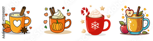 Cozy Seasonal Mug Vector Set with Whipped Cream and Festive Toppings — Autumn and Winter Drink Illustration Collection