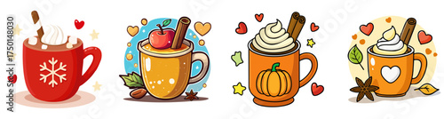 Cozy Autumn Mug Vector Set with Whipped Cream and Seasonal Toppings — Fall Drink Illustration Collection