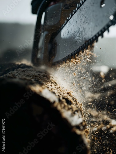 Chainsaw cutting wood with flying sawdust sparks