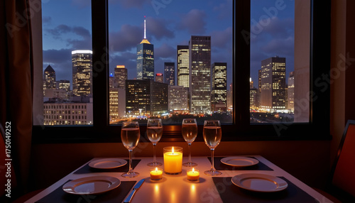 Romantic dinner table setting with candlelight and city view at night - Concept of Valentine's Day  