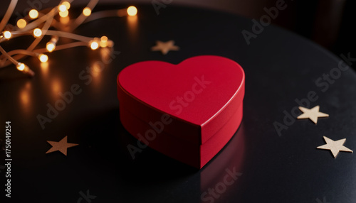 Red heart-shaped gift box on black table with stars and lights  
