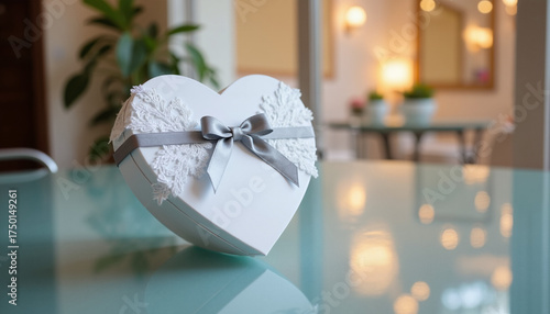 Heart-shaped gift box with ribbon on table for Valentine's Day  