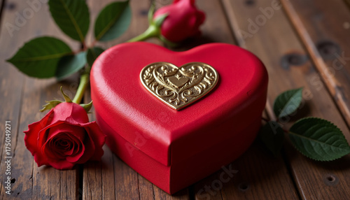 Red heart-shaped gift box with roses on wooden background for Valentine's Day  